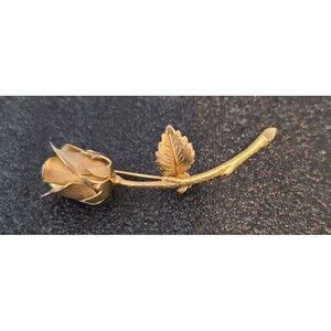 Vintage Signed Giovanni Brooch Pin Gold Tone Long Stem Rose Flower - 2"